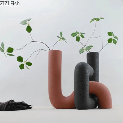 Minimalist Ceramic Vase Pipeline Shape Floral Vases Desk Decoration Frosted Porcelain Flowers Arrangement Modern Home Decor