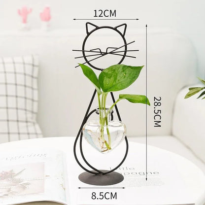Simple Cat Iron Flower Machine Heart-Shaped Hydroponics Vase Creative Home Living Room Dining Table Decoration