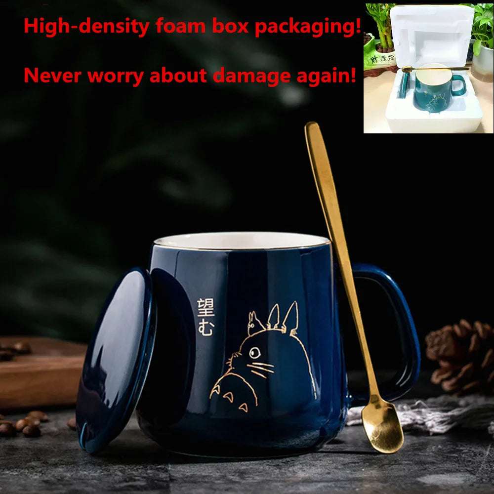 400ml New Product European Style Light Luxury Gold-painted Ceramic Coffee Mug with Lid Spoon Water Cup Cartoon Mug