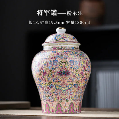 European Style Colored Ceramic Tea Caddy Large Sealed Candy Jar Tabletop Flower Vase Household Coffee Beans and Nuts Storage Box