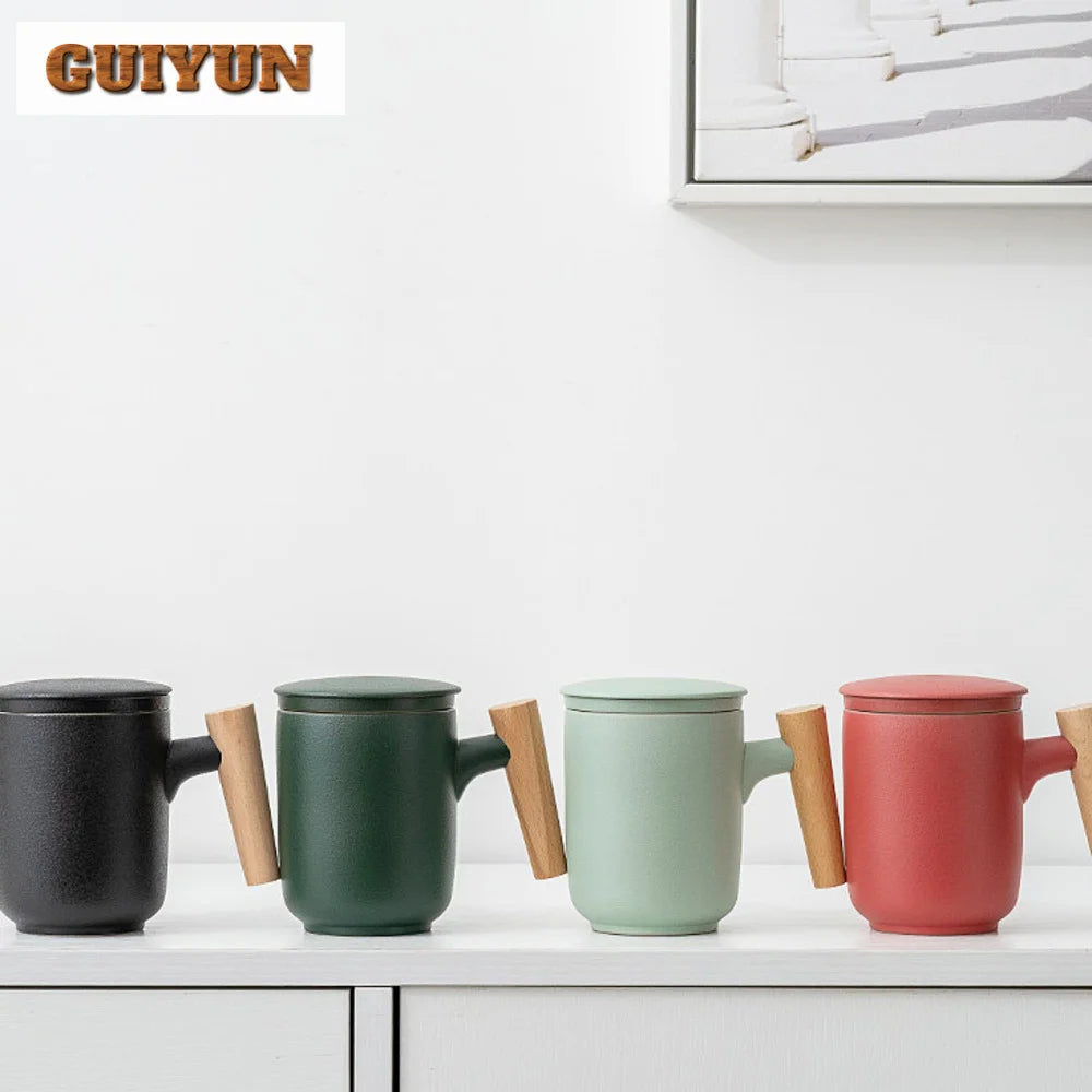 380ml Teacup Mugs With Dustproof Lid Tea Filter Heat Resistant Tea Infuser Coffee Cup Infuser Filter Wooden Handle Personal Mug
