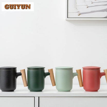 380ml Teacup Mugs With Dustproof Lid Tea Filter Heat Resistant Tea Infuser Coffee Cup Infuser Filter Wooden Handle Personal Mug