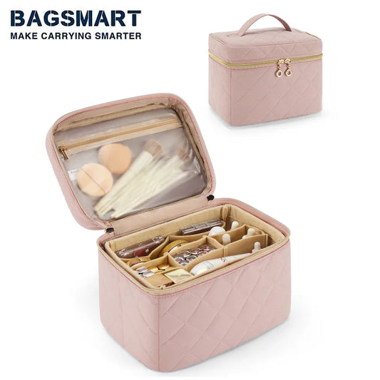 صندوق تخزين حقيبة مكياج قابل للطي من باغسمارت مع حقيبة مستحضرات تجميل للسفر قابلة للإزالة، صندوق تخزين أدوات الزينة النسائية