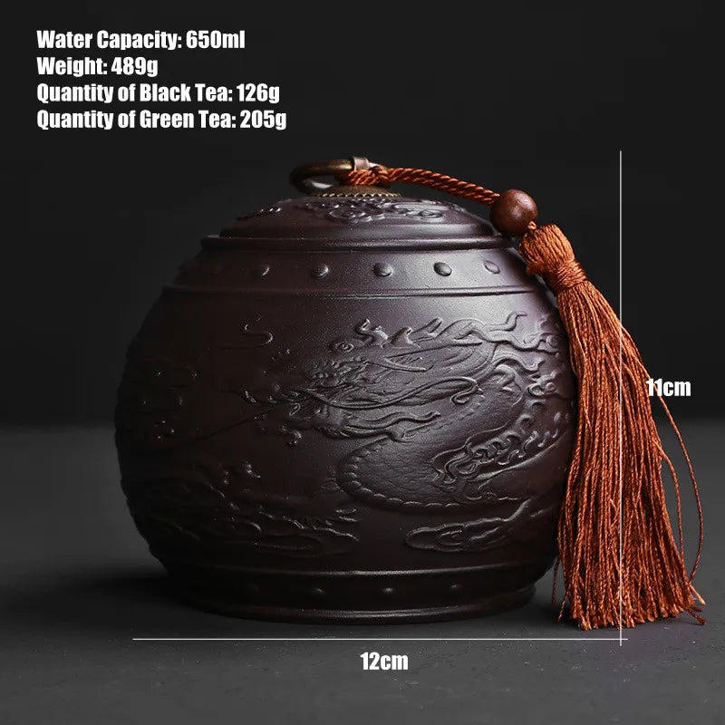 Vintage Purple Clay Tea Caddy Large Round Ceramic Storage Tank Sealed Pu'er Tea Box Dragon Series Tea Container Jars With Tassel