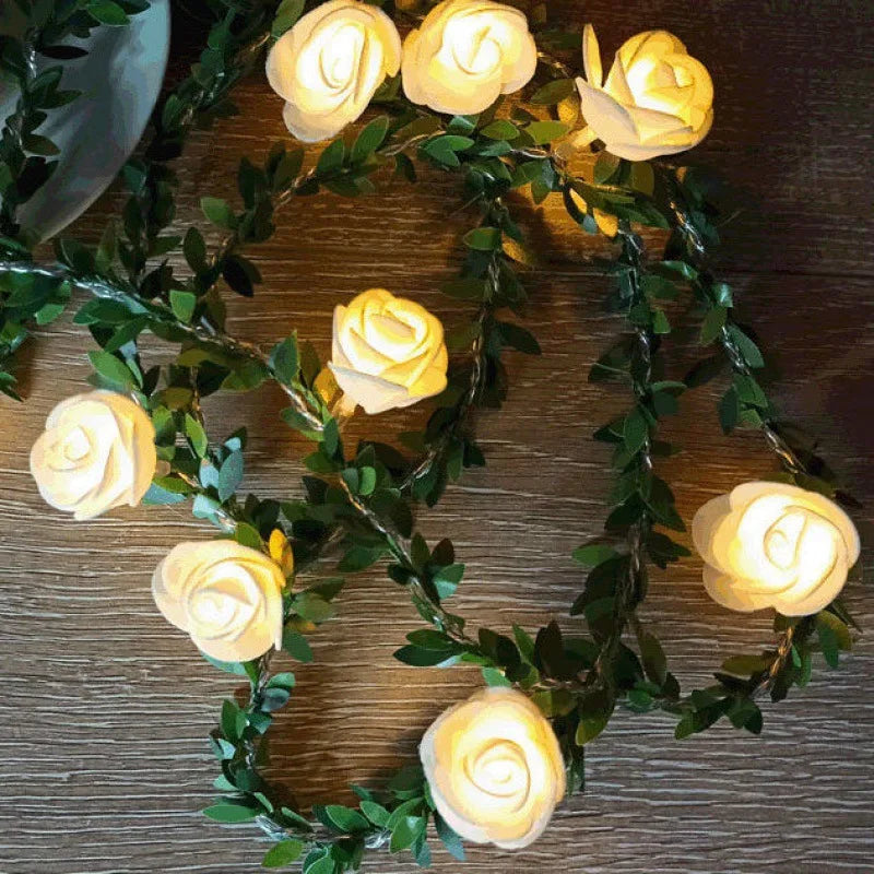 10/20LEDS Hvid 1,5/3 meter rose blomsterstreng med lys bryllupsbord midtstykker dekorationer glødende kunstig rose krans