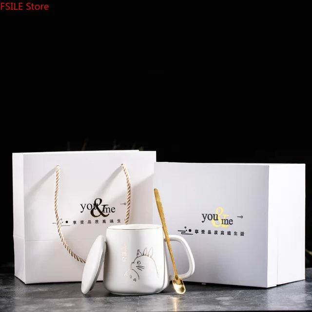 400ml New Product European Style Light Luxury Gold-painted Ceramic Coffee Mug with Lid Spoon Water Cup Cartoon Mug