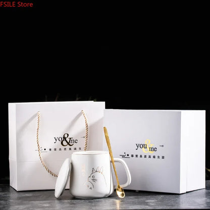 400ml New Product European Style Light Luxury Gold-painted Ceramic Coffee Mug with Lid Spoon Water Cup Cartoon Mug