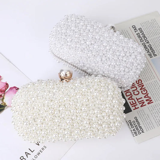 Fashion Elegant Women White Beige Luxury Special Crystals Beaded Pearl Evening Clutch Bags Wedding Party Handbag Beaded