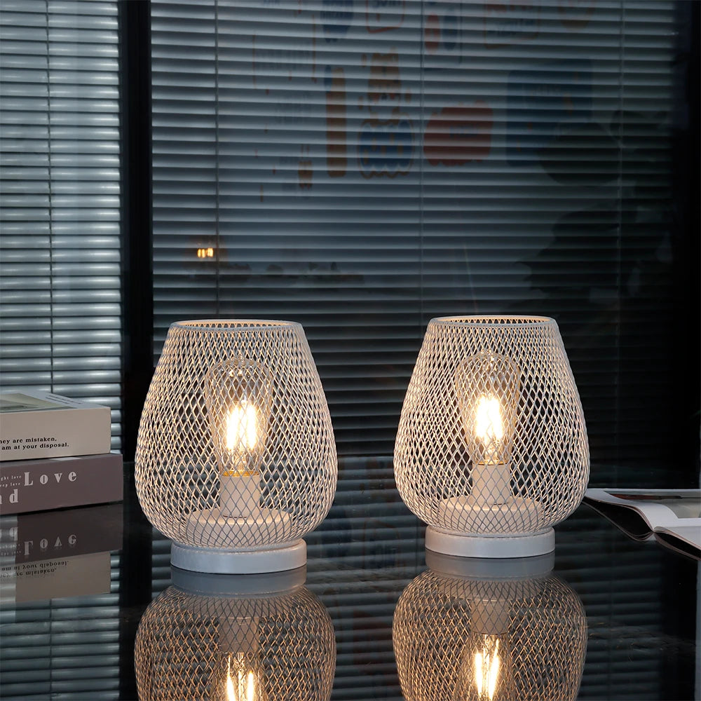 2Pcs White Metal Table Lamp Battery Operated Lamp Outdoor Lantern with LED Edison Bulb for Weddings Party Patio Event Home Decor