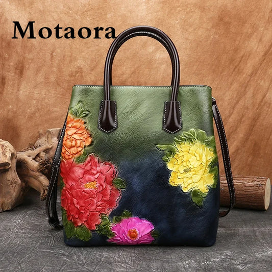 Motaora nye vintage kvinner bøtte skuldervesker 2024 Håndlaget preget PU Leather Handbag Retro stor kapasitet Crossbody Tote Bag