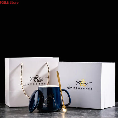 400ml New Product European Style Light Luxury Gold-painted Ceramic Coffee Mug with Lid Spoon Water Cup Cartoon Mug