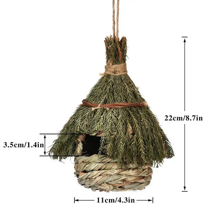Casa de pájaros para nido de pájaros tejido a mano de hierba colgante, casa de colibrí, cabaña de pájaros al aire libre, casa de pájaros para decoración de la casa de campo