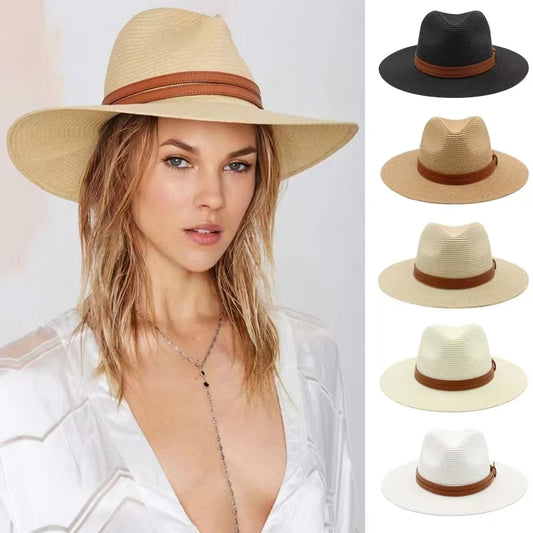 Stor størrelse 56-58 59-60 cm Ny Natural Panama Straw Hat Summer Men Women Wide Brim Beach UV Protection Fedora Sun Hat Wholesale