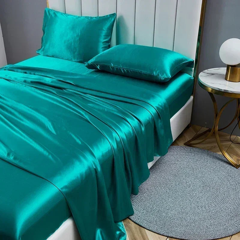 Tela de satén de lujo sábanas de cama queen sembrete rey de alta calidad hoja de almohadilla plana colchoneta de cama sólida juego de sábana