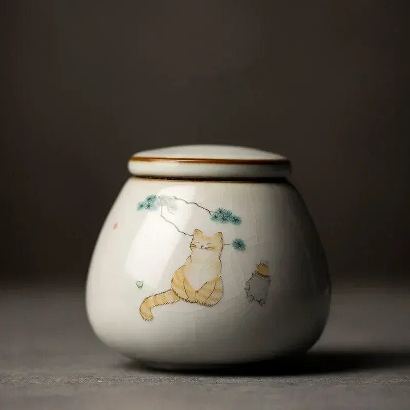 Retro Ru Kiln Ceramics Tea Caddy Cute Cat Pattern Portable Sealed Tea Leaf Containers Travel Tea Bag Storage Box Spice Organizer