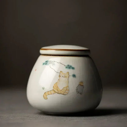 Retro Ru Kiln Ceramics Tea Caddy Cute Cat Pattern Portable Sealed Tea Leaf Containers Travel Tea Bag Storage Box Spice Organizer