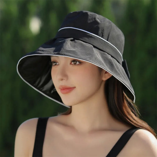 Chapeau de soleil avec protection UV, bord large, version coréenne, doux, chapeau de soleil pour les femmes en été, écran solaire et polyvalent, chapeau à bowknot