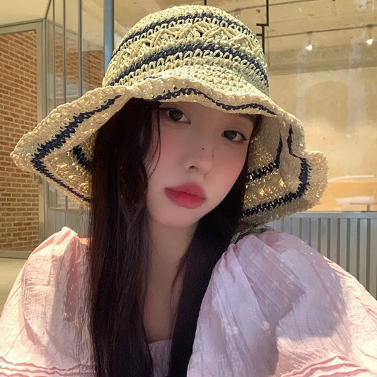 Kórejská jednoduchá slama tkanie veľkých odkvapov slnečno slnečné klobúky prímorská dovolenka Móda všestranná čipka dutá slama pre ženy
