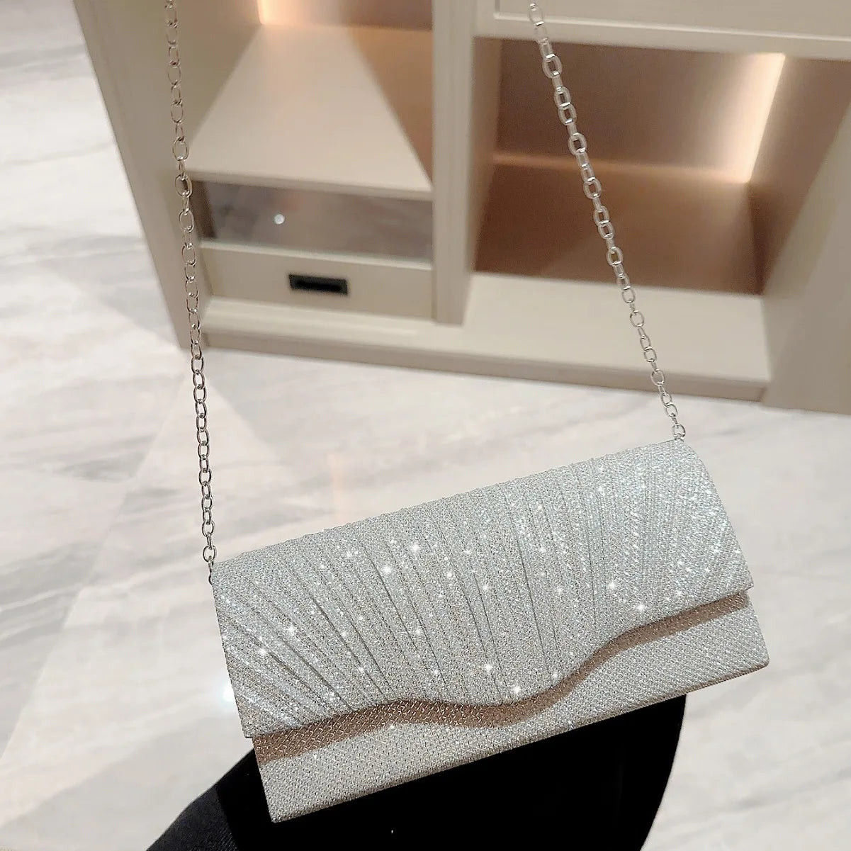 Damas Glitter Silver Clutch Bag Sobre Fashion Fashion Elegant Long Purse Mujeres Bolsos para el hombro de la cadena