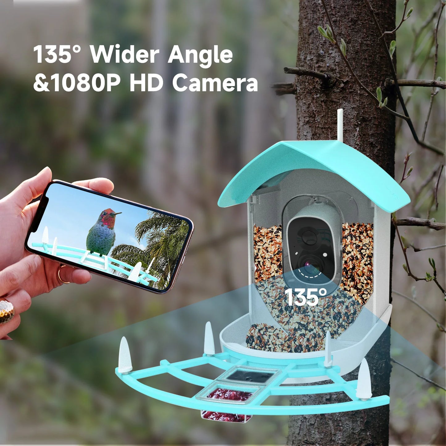 وحدة تغذية الطيور الذكية مع كاميرا عالية الدقة PIR كشف الحركة AI التعرف الذكي على أنواع الطيور تعمل بالطاقة الشمسية 1080P