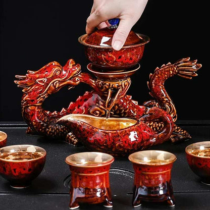 High-End Kung Fu Travel Teapot and Tea Cup Set, Automatic Tea Set, Chinese Dragon, Bone China, Holiday Gift