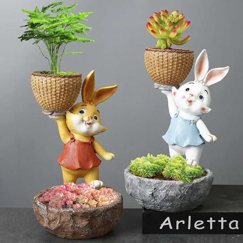 Żywiczna kreskówka symulacja zwierząt królik soczysty zielona roślina kwiatowa dekoracja dekoracji dekoracji ogrodu na zewnątrz