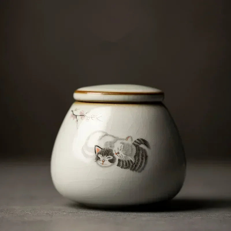 Retro Ru Kiln Ceramics Tea Caddy Cute Cat Pattern Portable Sealed Tea Leaf Containers Travel Tea Bag Storage Box Spice Organizer