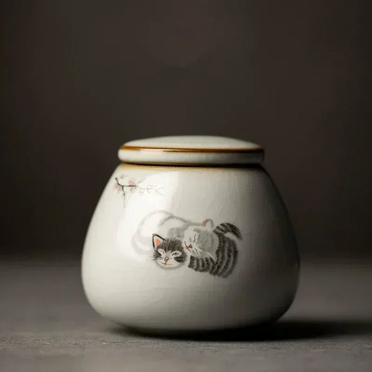 Retro Ru Kiln Ceramics Tea Caddy Cute Cat Pattern Portable Sealed Tea Leaf Containers Travel Tea Bag Storage Box Spice Organizer