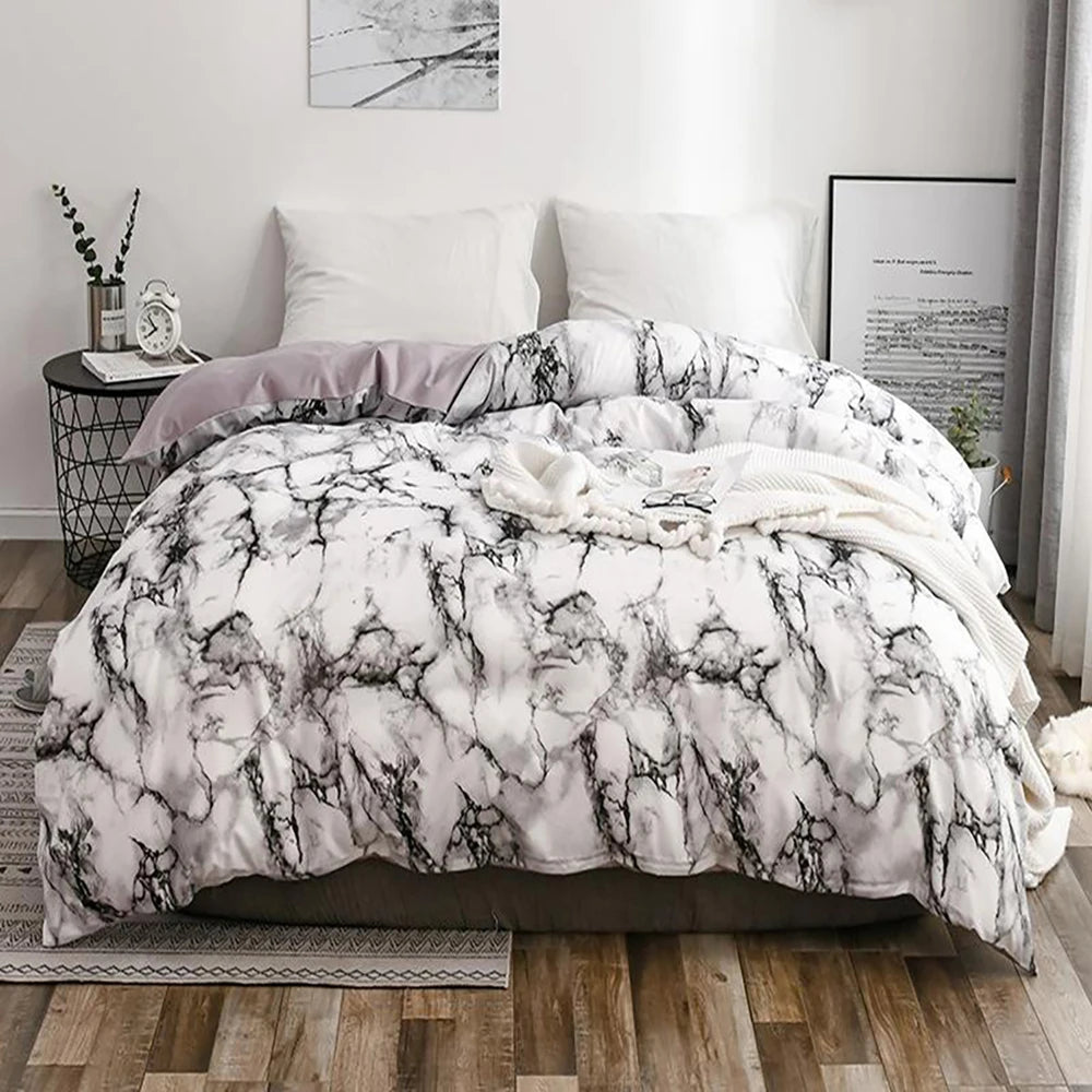 Schlafzimmer Bettwäsche (2/3 Stück Set) Weißer Marmormuster gedruckter Quiltabdeckung und Kissenbezug, Quiltabdeckung und Kissenbezug (keine Blätter)