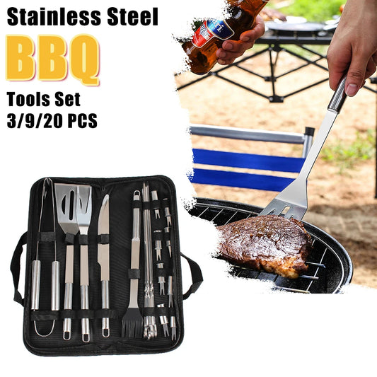 3/9/20 pcs BBQ -værktøjer Sæt rustfrit stålgrillredskab spatula gaffel tænger knivbørste spyd til camping udendørs