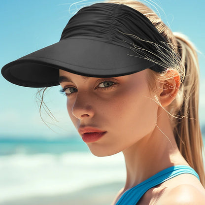 Women Summer UV Protection Wide Brim Pleated Visor Empty Top Sun Hat Ponytail Cap Sports Outdoor Beach Breathable