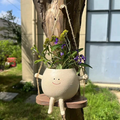 Cute light yellow swing small flower pot creative resin crafts living room study balcony home hanging unique decorative gift