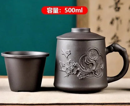 Retro Yixing Dragon Phenix Purple Clay Tea Mug with Lid and Infuser Handmade Ceramic Teacup Office Water Cup Gift Home Drinkware