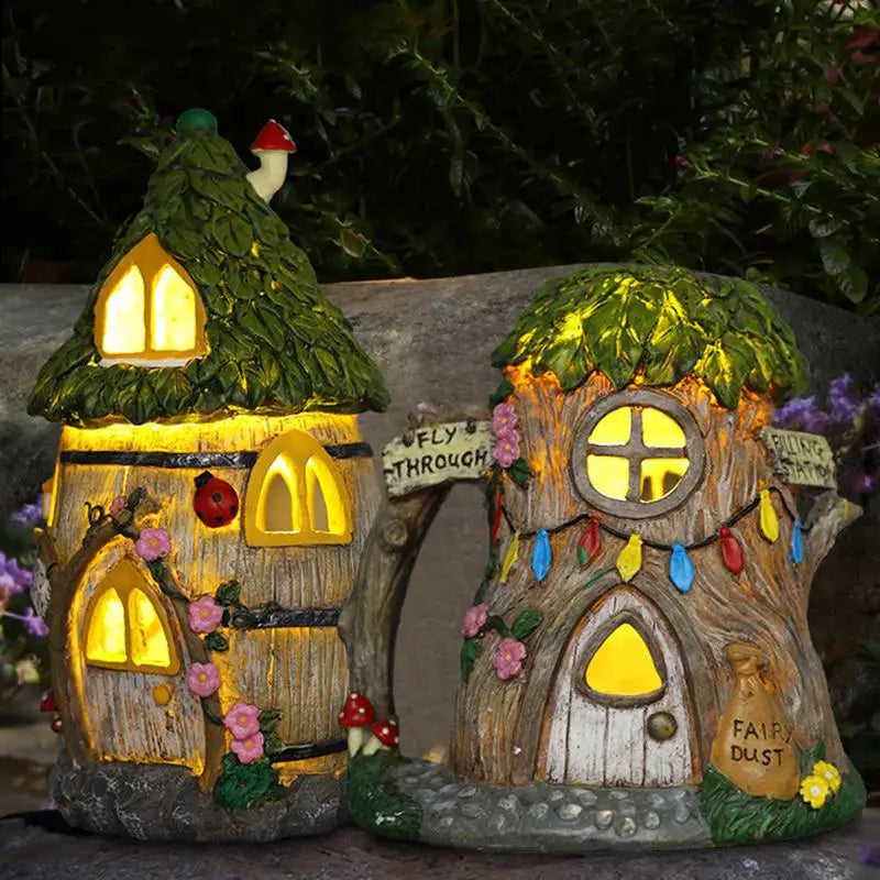 Käsityön miniatyyri talon aurinkoenergia LED Light Garden Fairy Outdoor Walkway -hartsin mökki Joululamppu sisustus