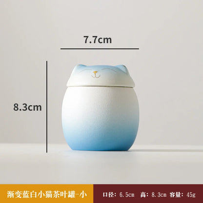 Fortune Cat Tea Canister Handmade Ceramic Gradient Color Tea Canister Sealing Jar Home Moisture Small Tea Warehouse