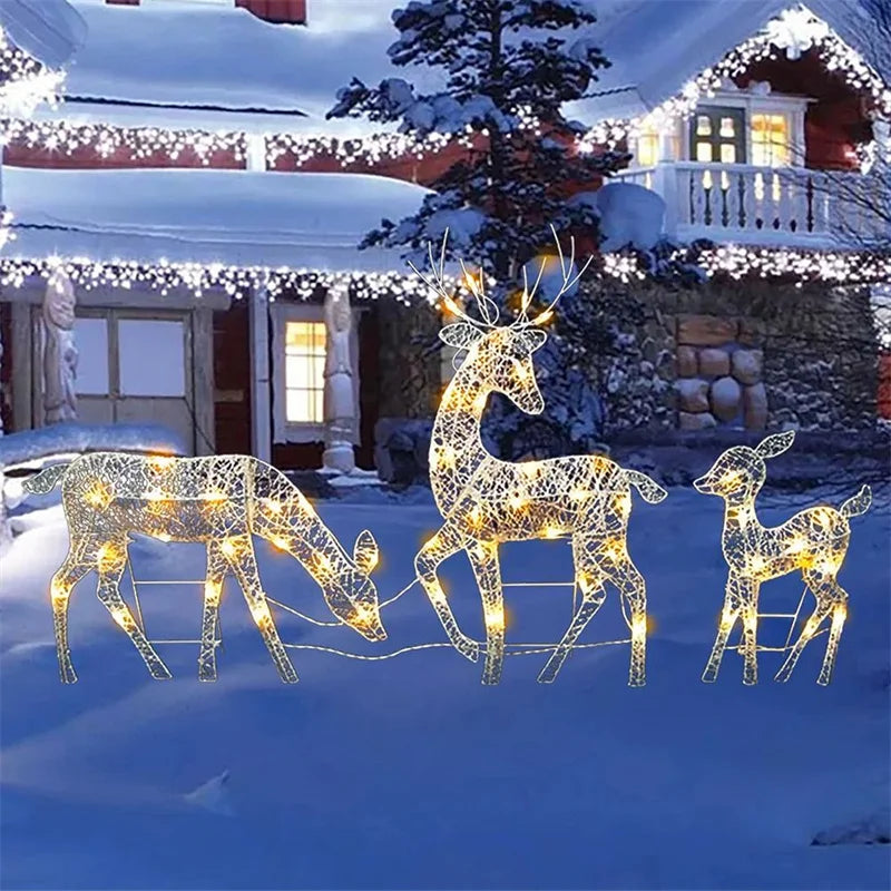 Arte de hierro Elk ciervos Decoración del jardín de Navidad con LED Light Glitter Reinede Xmas Home Outfast Outdoor Ornament Decor