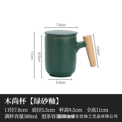 380ml Teacup Mugs With Dustproof Lid Tea Filter Heat Resistant Tea Infuser Coffee Cup Infuser Filter Wooden Handle Personal Mug