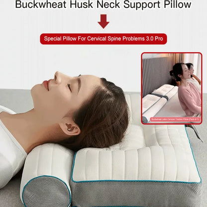Anti-Traction Pillow Home Sleep Protection Cervical Spine Cylindrical Buckwheat + Latex Sheet + Ultra-fine Feather Single Pillow