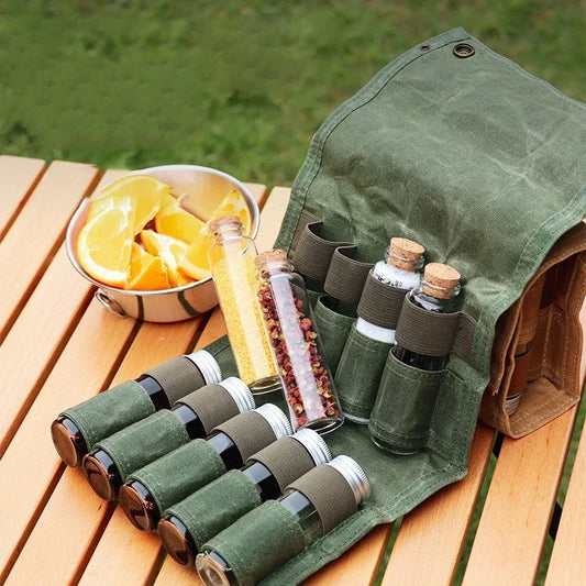 Kit de botella de especias con molinillo de barbacoa portátil de especias con biberón de condimento soporte para picnic bolsa de picnic viajes para acampar suministros para acampar