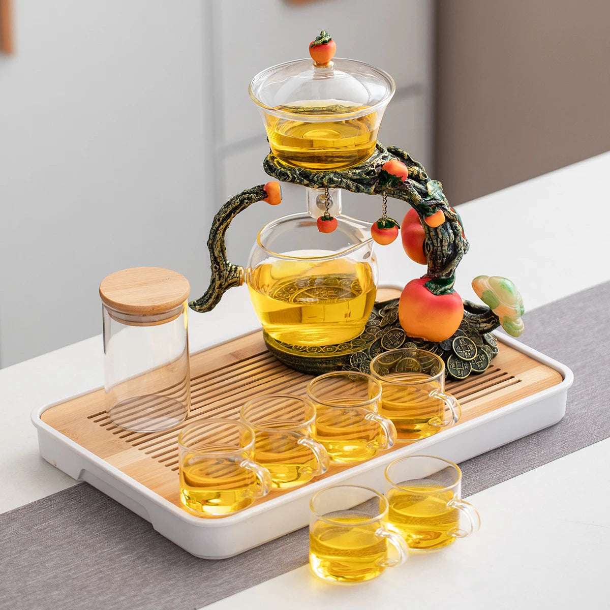 1 Set of Magnetic Lazy Tea Set - Automatic Persimmon Glass Teapot, Tea Cup, Tea Canister, Tea Tray Ideal gift for tea lovers