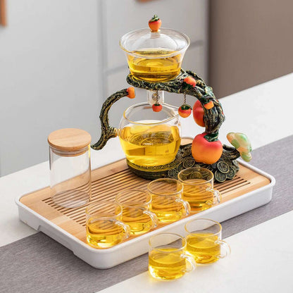 1 Set of Magnetic Lazy Tea Set - Automatic Persimmon Glass Teapot, Tea Cup, Tea Canister, Tea Tray Ideal gift for tea lovers