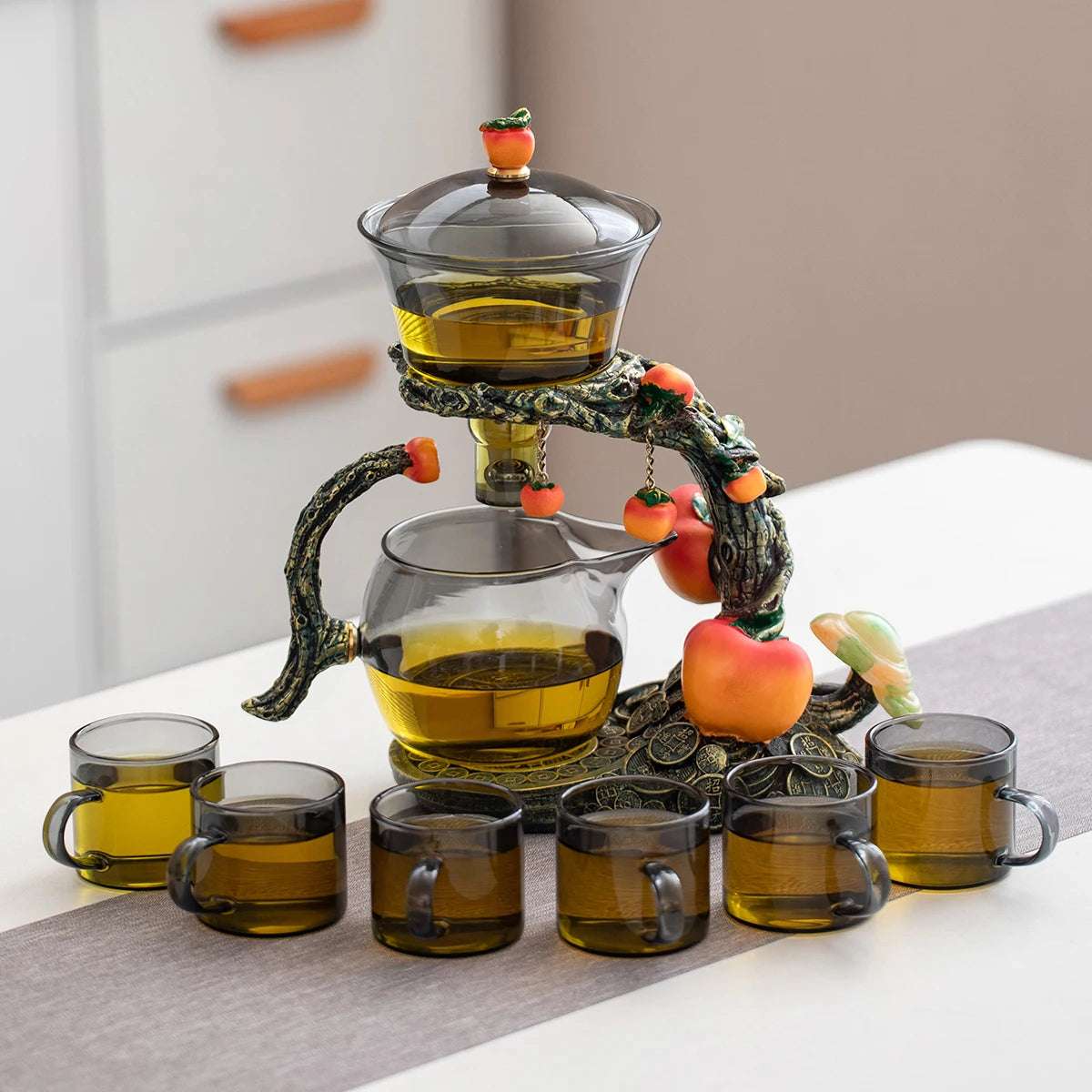 1 Set of Magnetic Lazy Tea Set - Automatic Persimmon Glass Teapot, Tea Cup, Tea Canister, Tea Tray Ideal gift for tea lovers