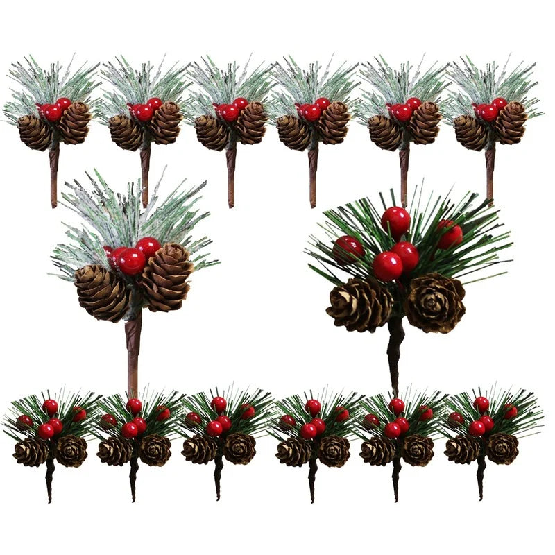 10pcs Mini Simulation Weihnachten Kiefer Picks Stängel Künstliche Kiefernnadel Beeren Pflanze für Weihnachtsparty -Wohnkulturhängeanhänger