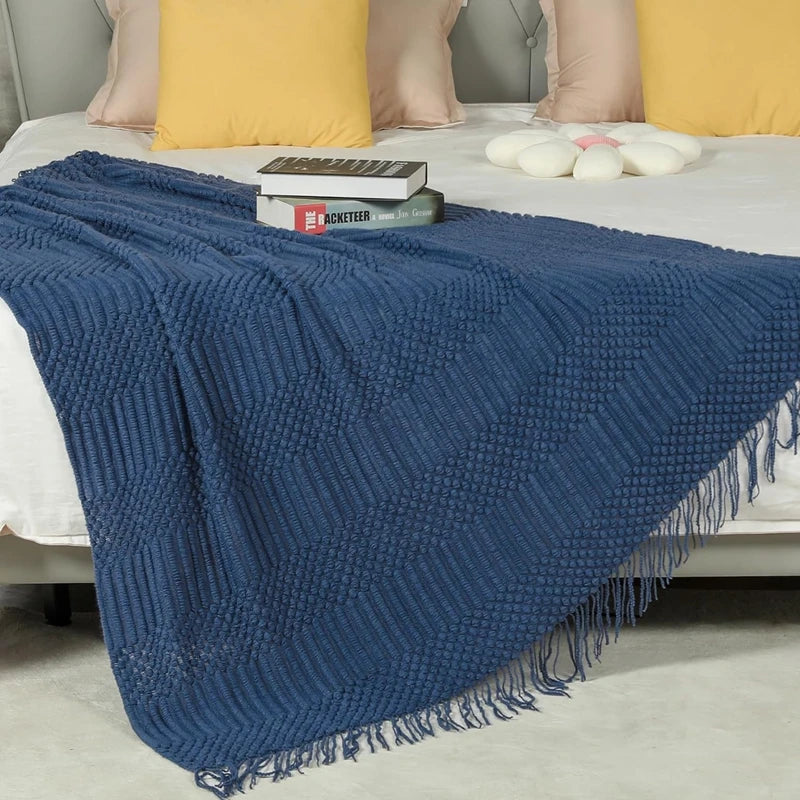 Inya Navy All Throw Blanket for Couch Sofa Bed Decorative Knitted Blanket with Tassels, Soft Lightweight Cozy Textured Blankets