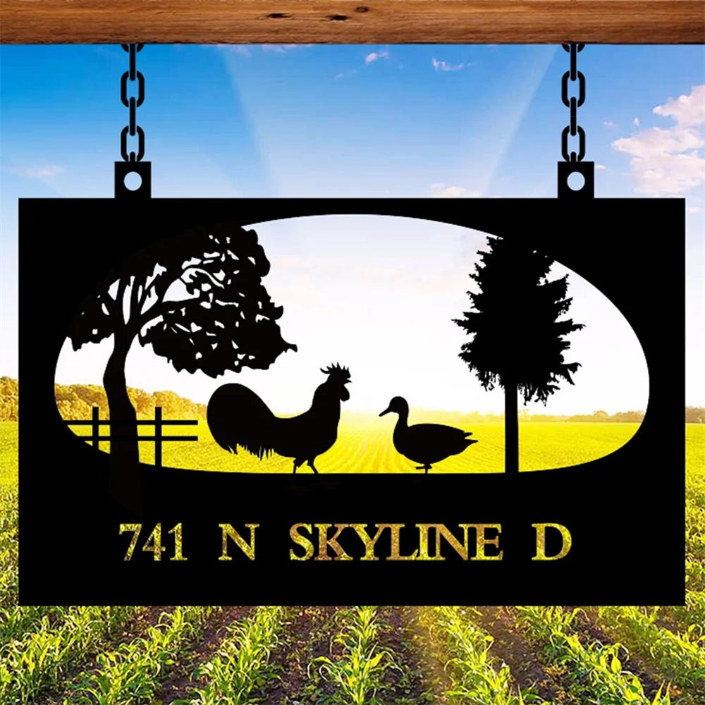 Segno di allevamento di pollo in metallo personalizzato Indirizzo personalizzato Placca nera per il regalo di lavaggio della casa per la fattoria