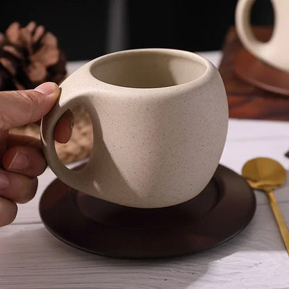 Ceramic coffee cup and saucer set retro latte American coffee cup wooden coasters tea cups spoon flower cups.