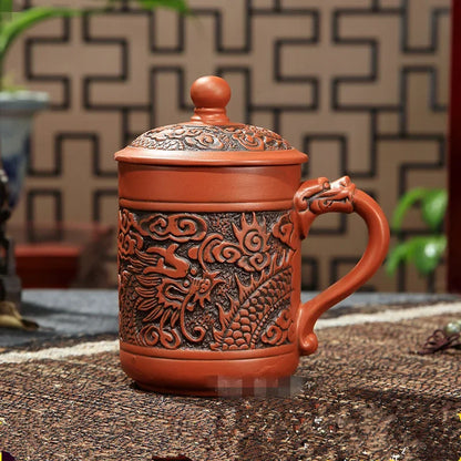 Yixing Purple Clay Tea Cups with Lid, Drinkware Purple Grid Teacup, Chinese Zisha Kung Fu Tea Mug, Office Teaware