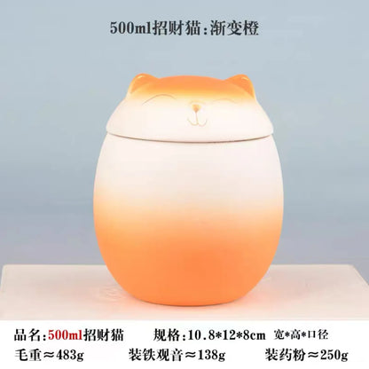 Fortune Cat Tea Canister Handmade Ceramic Gradient Color Tea Canister Sealing Jar Home Moisture Small Tea Warehouse