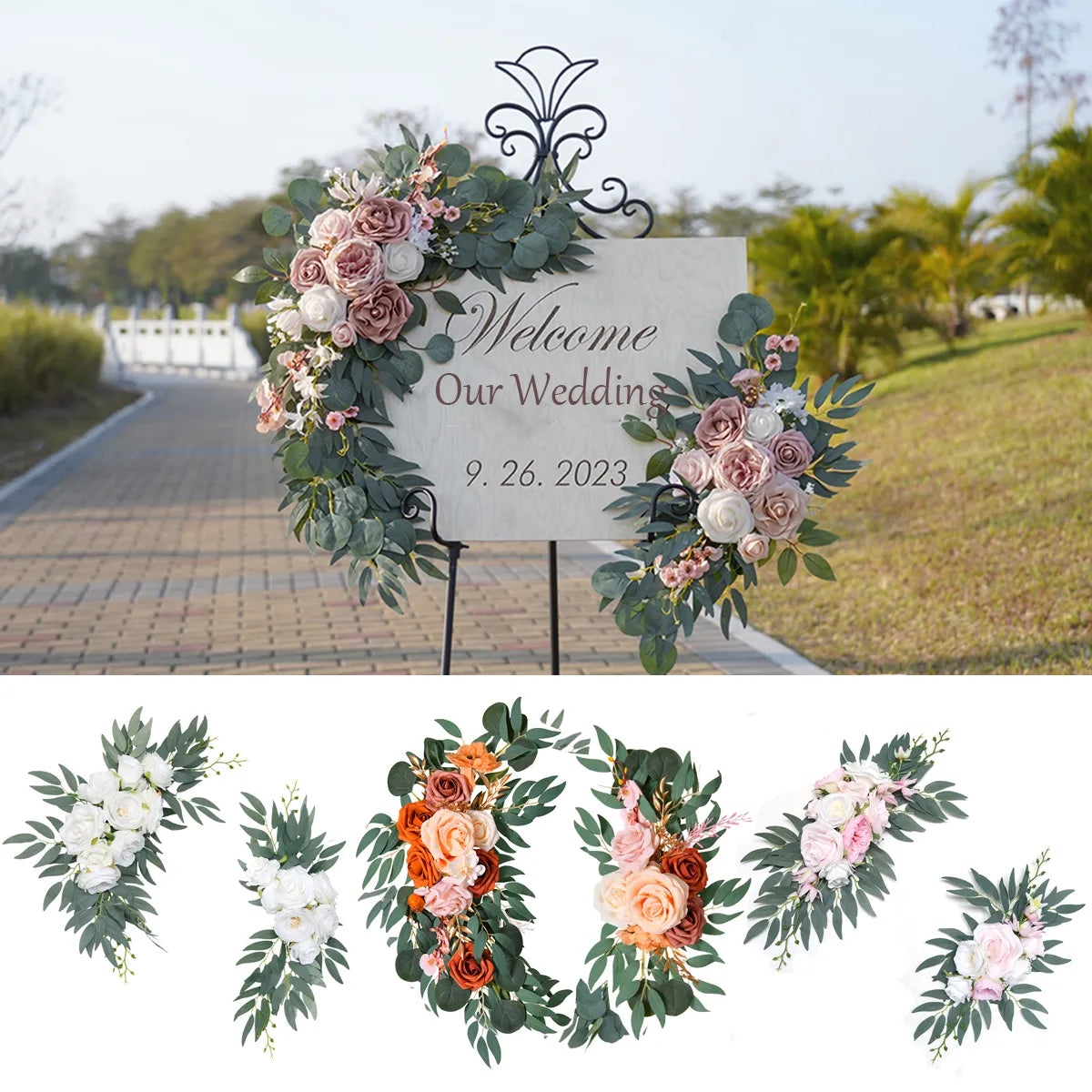 Yannew arc arc arc fleurs kit boho boho poussière rose bleu eucalyptus garland rideaux pour décorations de mariage signe de bienvenue