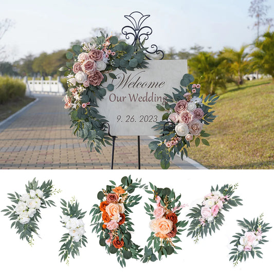 Yannew kunstmatige bruiloft boog bloemen kit boho stoffige roosblauw eucalyptus slinger gordijnen voor bruiloft decoraties welkom bord
